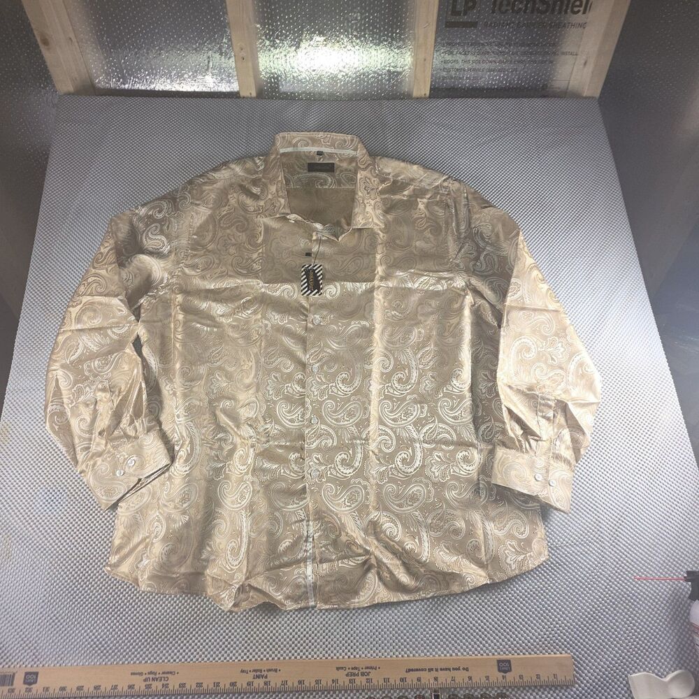 DiBanGu Mens 3XL Silk Shirt Gold Paisley Long Sleeve Luxury Dress Shirt NWT